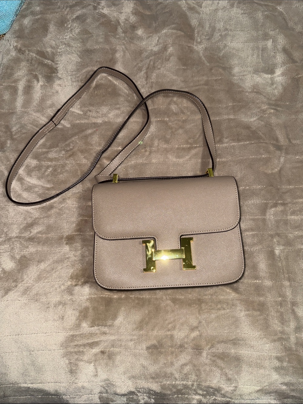Taupe Leather Crossbody Bag with Gold Hardware